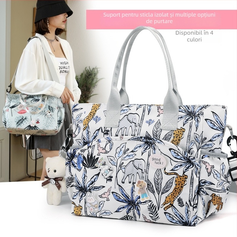 Geantă pentru mamă și bebelu cu capacitate mare, din nylon, compartiment uscat–umed, buzunar pentru sticle, compatibilă cu căruciorul, curea curbată