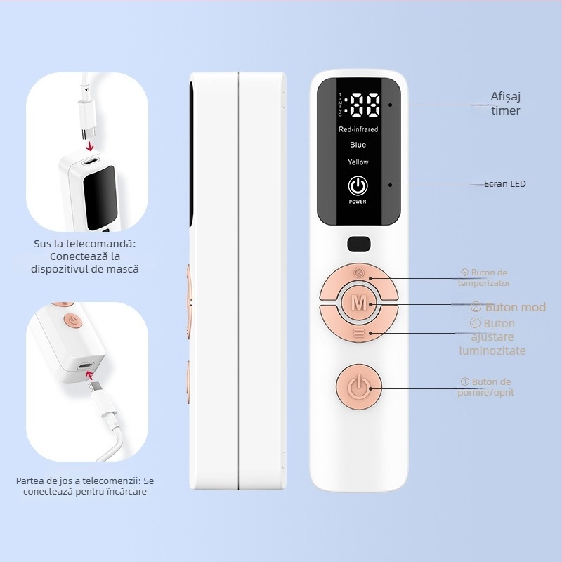 Mască foton din silicon LAMOREVIA – dispozitiv LED pentru rejuvenarea pielii, uz casnic, portabil, baterie încorporată 800–1000 mAh, eliminarea acneei, IPX0