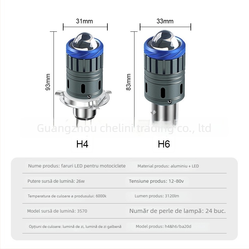 Far moto LED 3570, lentilă bi-color, compatibil H4/H6/BA20D, 26W, 12–80V, 6000K, corp din aluminiu