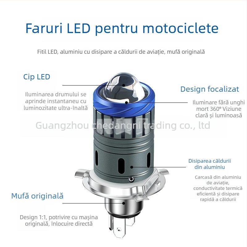 Far moto LED 3570, lentilă bi-color, compatibil H4/H6/BA20D, 26W, 12–80V, 6000K, corp din aluminiu