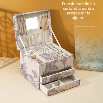 Cutie pentru bijuterii cu trei niveluri, material PP, protecție anti-oxidare, depozitare pe birou, stil clasic chinezesc