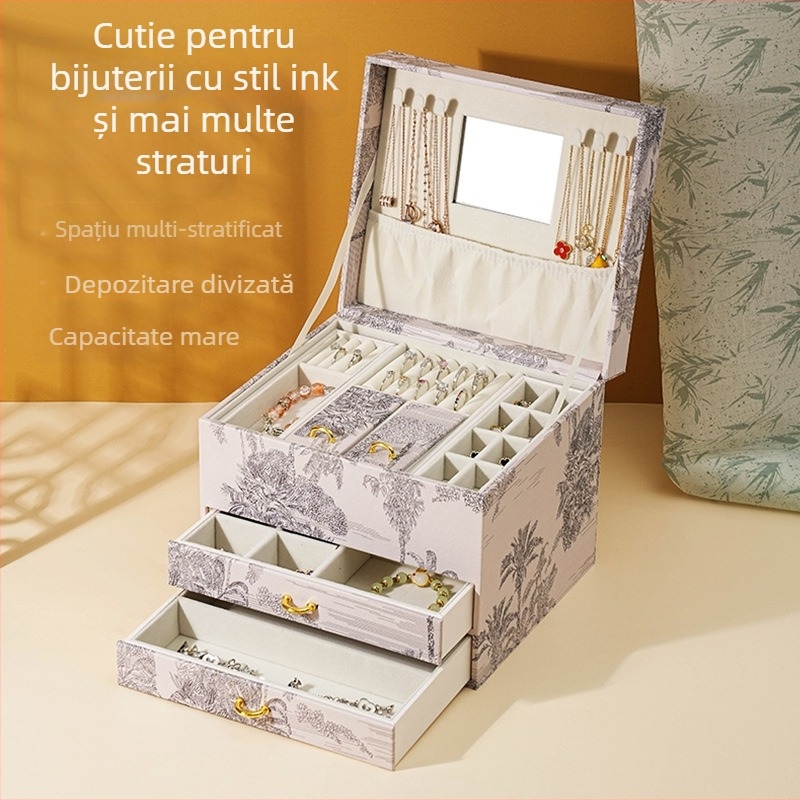 Cutie pentru bijuterii cu trei niveluri, material PP, protecție anti-oxidare, depozitare pe birou, stil clasic chinezesc