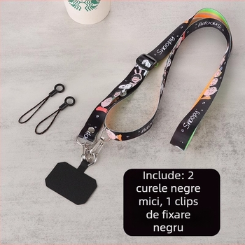 Lanyard pentru telefon cu clips în spate, curea reglabilă crossbody, design desen animat; material nylon; frânghie poliester; cataramă din metal; imprimare silk-screen; personalizabil.