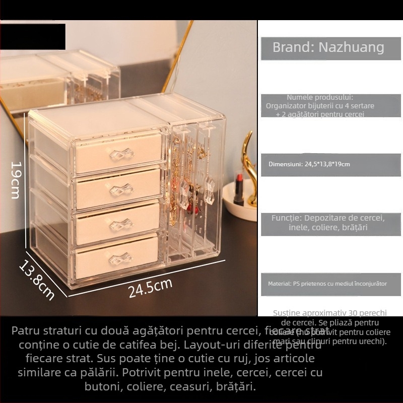 Cutie de depozitare bijuterii cu 4 etaje pentru birou, rezistentă la praf și umiditate, construcție din plastic