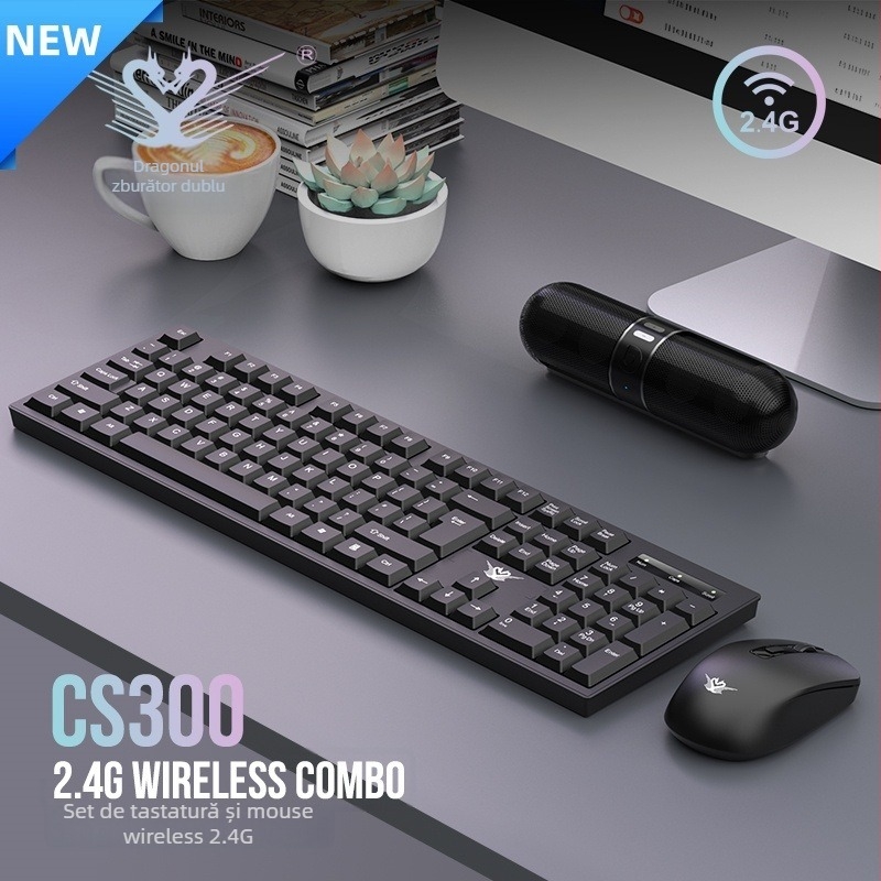 Set tastatură și mouse fără fir, 2.4G, taste silențioase, 104 taste, 1600 DPI, Plug and Play