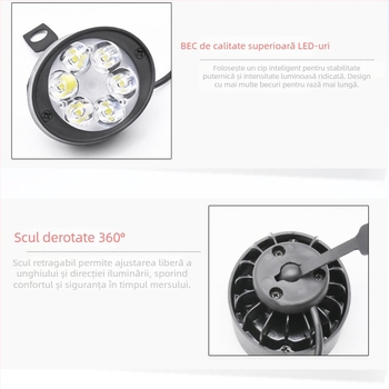 Far oglindă pentru vehicule electrice – corp din aluminiu, abajur din plastic, intrare 12V, protecție IP1, durată de viață 2 ani