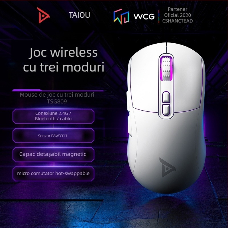 Titanium TSG809 Mouse gaming fără fir, Bluetooth dual (2.4G + Bluetooth), reîncărcabil, DPI 10000, 7 butoane, Interfață USB