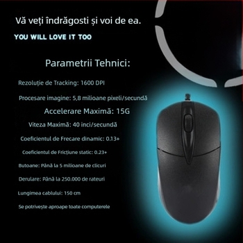 Mouse cu fir cu încălzire în trei trepte, senzor optic 1200dpi, interfață USB, 3 butoane, rezoluție reglabilă în 5 trepte