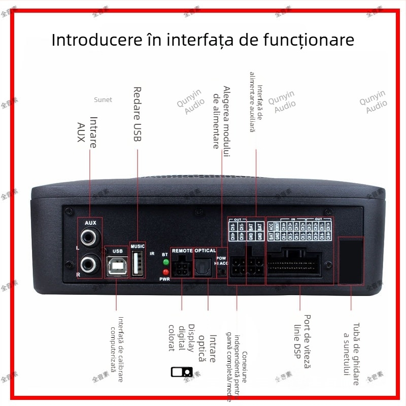Amplificator auto DSP cu subwoofer integrat și șasiu din aliaj de aluminiu, greutate 2.95, tensiune 10-16V, SNR > 102 dB