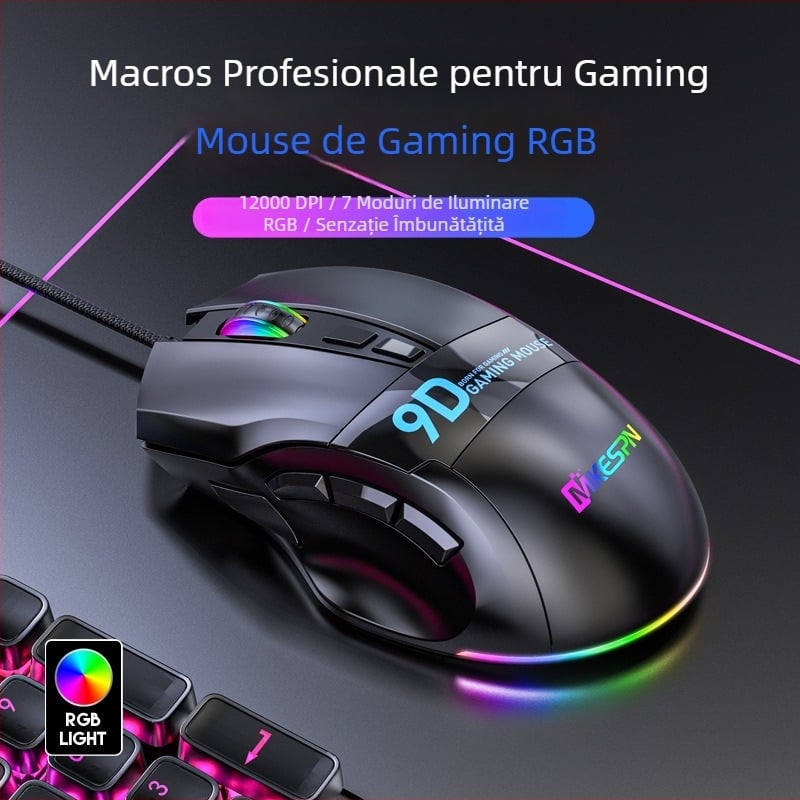 Mouse de gaming X10, 9 taste, USB cablat, 12000 DPI, reglaj DPI în 6 trepte, design ergonomic