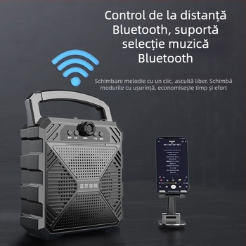 Boxă Bluetooth fără fir, cu Bluetooth 5.0, putere 5W, răspuns în frecvență 100 Hz–20 kHz, raport semnal-zgomot ≥75 dB, baterie detașabilă 1000–1200 mAh.
