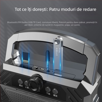 Boxă Bluetooth fără fir, cu Bluetooth 5.0, putere 5W, răspuns în frecvență 100 Hz–20 kHz, raport semnal-zgomot ≥75 dB, baterie detașabilă 1000–1200 mAh.