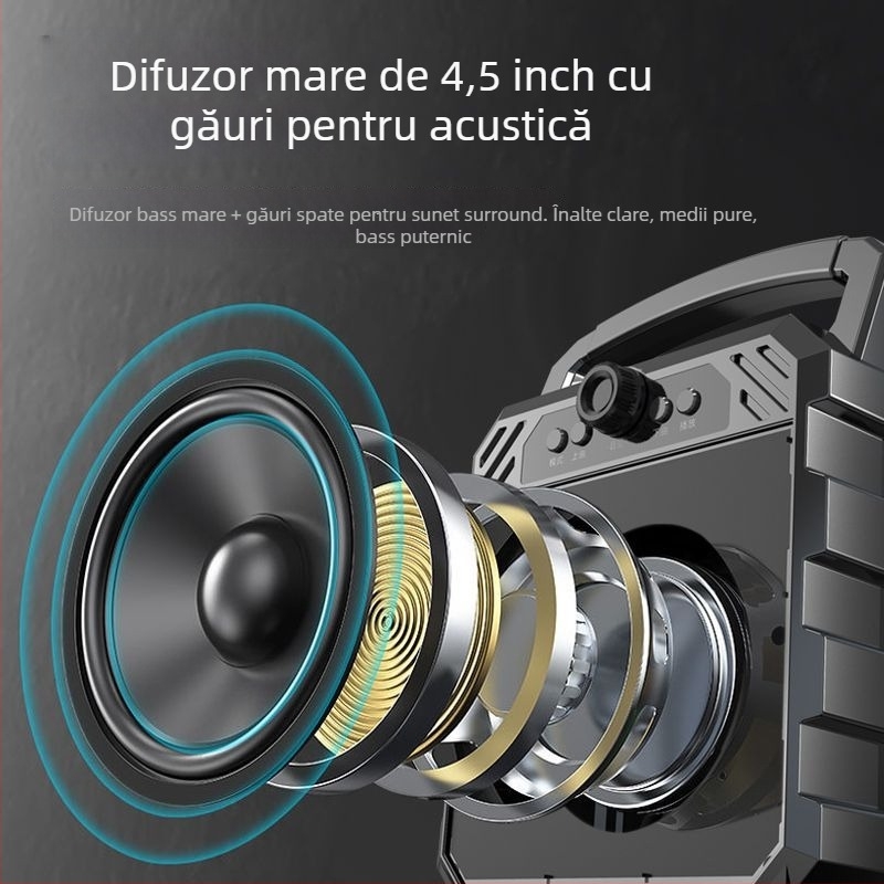 Boxă Bluetooth fără fir, cu Bluetooth 5.0, putere 5W, răspuns în frecvență 100 Hz–20 kHz, raport semnal-zgomot ≥75 dB, baterie detașabilă 1000–1200 mAh.