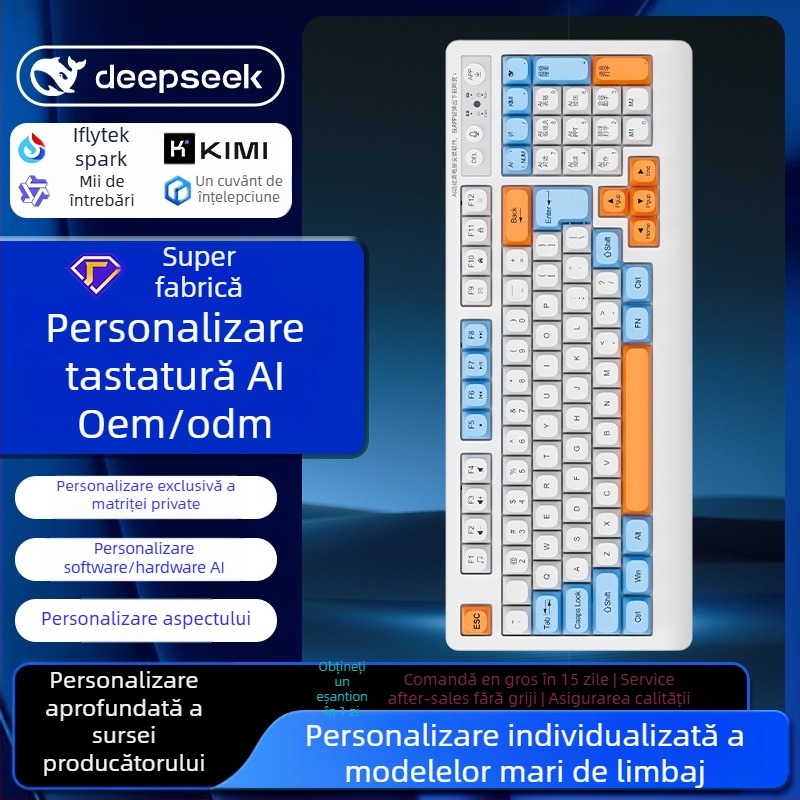 Tastatură AI inteligentă cu trei moduri: USB-C cablat, 2.4G wireless, Bluetooth – 104 taste, ergonomic, personalizare OEM/ODM
