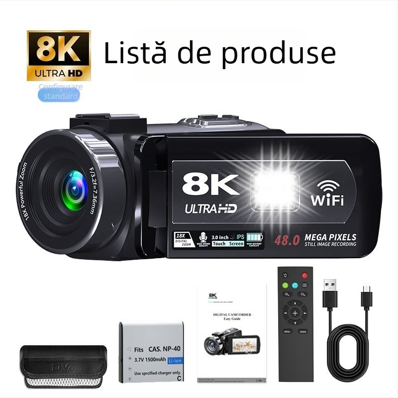 Cameră video 8K portabilă pentru streaming în aer liber: senzor CMOS 48 MP, ecran tactil de 3,0 inch, stabilizare electronică a imaginii, microfon stereo