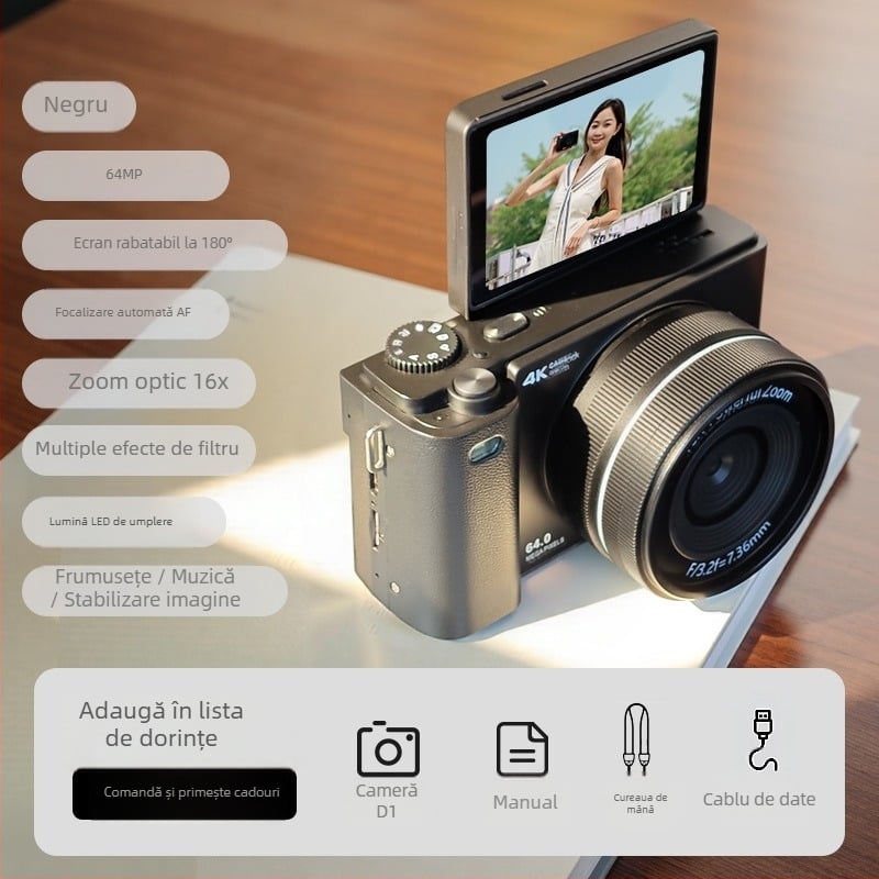 Cameră digitală fără oglindă, HD, zoom optic 16x, autofocus, ecran rabatabil, pentru călătorii și selfie