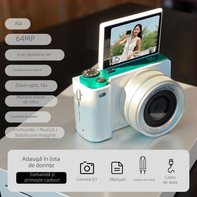 Cameră digitală fără oglindă, HD, zoom optic 16x, autofocus, ecran rabatabil, pentru călătorii și selfie