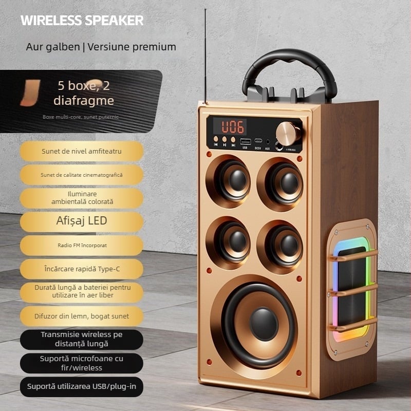 Boxă Bluetooth fără fir pentru uz casnic și exterior, 80W, sistem cu 5 difuzoare, baterie încorporată 2000–4000mAh, Bluetooth 5.3, IPX3 rezistentă la apă