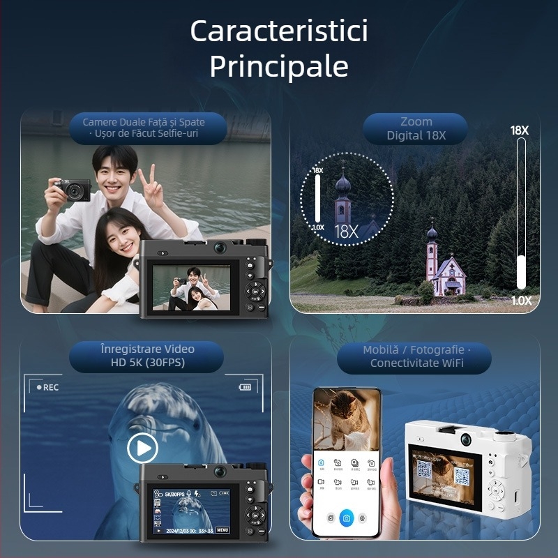 WD07-D Cameră digitală cu două camere: 5K înregistrare video, senzor CMOS 16MP, selfie față și spate, obiectiv periscop, ecran LCD de 3,0 inch