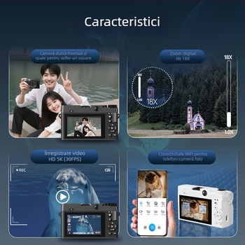 Cameră mirrorless cu cameră duală frontală și posterioară, senzor CMOS 16MP 1/2.9, 18x zoom optic cu obiectiv periscop, video 5K/30fps, ecran LCD 3.0