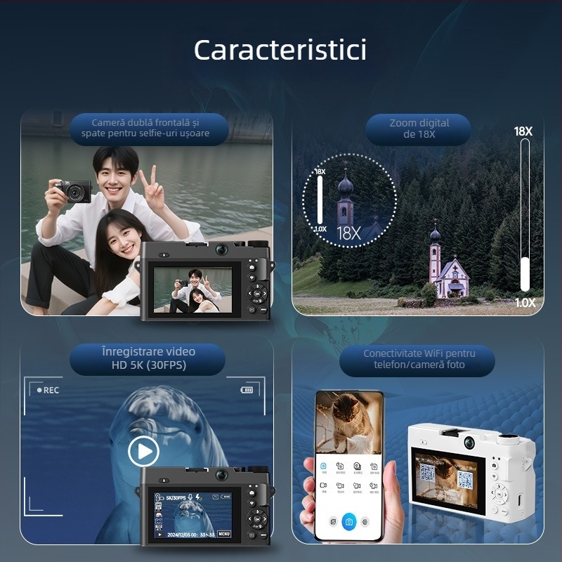 Cameră mirrorless cu cameră duală frontală și posterioară, senzor CMOS 16MP 1/2.9, 18x zoom optic cu obiectiv periscop, video 5K/30fps, ecran LCD 3.0