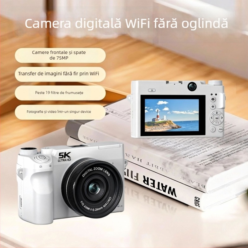 Cameră mirrorless cu cameră duală frontală și posterioară, senzor CMOS 16MP 1/2.9, 18x zoom optic cu obiectiv periscop, video 5K/30fps, ecran LCD 3.0