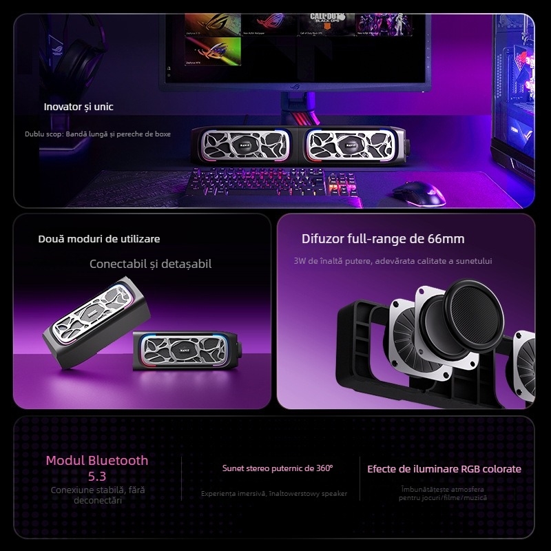 Hawthorne Bluetooth RGB sistem de boxe pentru desktop, stereo cu 2 difuzoare, 5W, alimentare USB, 20Hz-20kHz, SNR ≥75dB