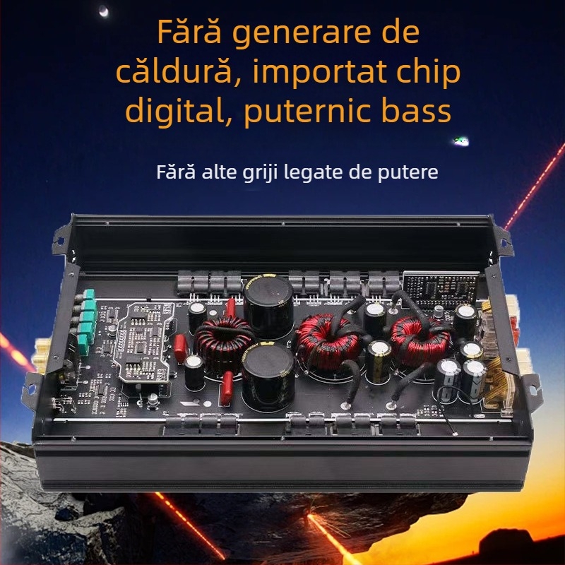 Amplificator auto pentru subwoofer, Class D monobloc, model 1500.1D, 1500 W maxim, impedanță 4 Ω, răspuns în frecvență 25–250 Hz, distorsiune 0,1%