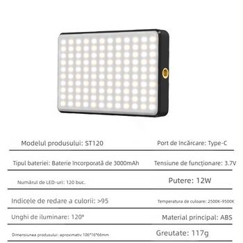 ST-120 LED Lumină de umplere pentru telefon/DSLR – iluminare portabilă pentru streaming live, 10–50W, 3.7V, trei temperaturi de culoare, control manual