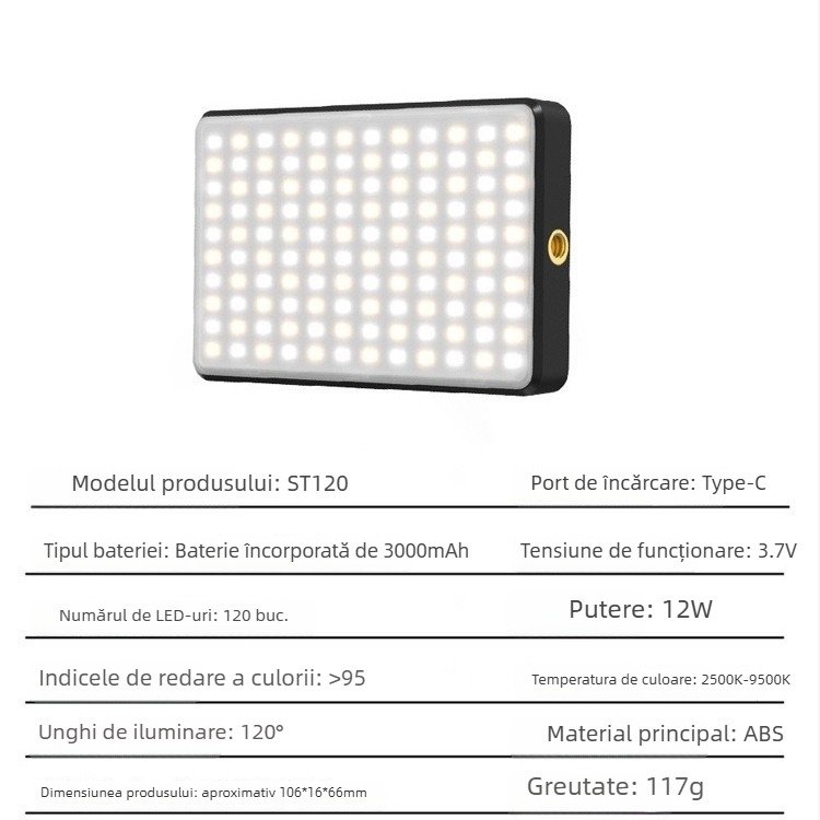 ST-120 LED Lumină de umplere pentru telefon/DSLR – iluminare portabilă pentru streaming live, 10–50W, 3.7V, trei temperaturi de culoare, control manual