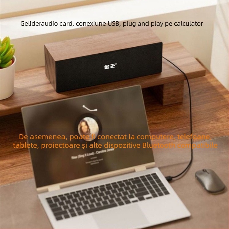 Difuzor Bluetooth pentru calculator, carcasă din lemn — Bluetooth 5.3; putere 5W; răspuns în frecvență 60 Hz–15 kHz; SNR ≥70 dB; rază 10 m