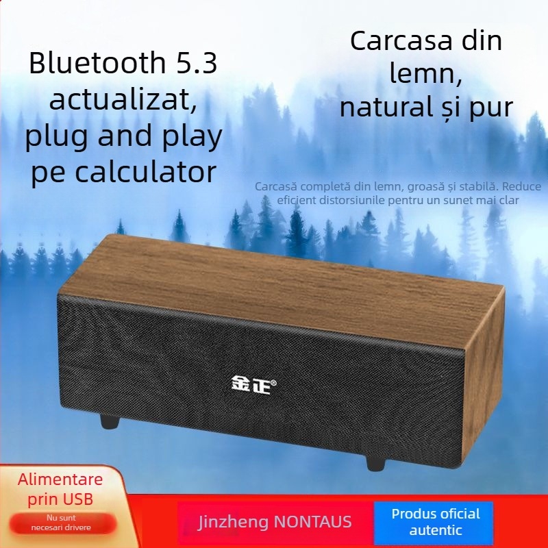 Difuzor Bluetooth pentru calculator, carcasă din lemn — Bluetooth 5.3; putere 5W; răspuns în frecvență 60 Hz–15 kHz; SNR ≥70 dB; rază 10 m