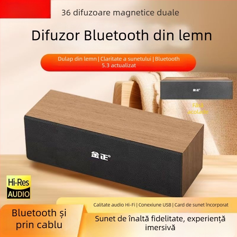 Difuzor Bluetooth pentru calculator, carcasă din lemn — Bluetooth 5.3; putere 5W; răspuns în frecvență 60 Hz–15 kHz; SNR ≥70 dB; rază 10 m
