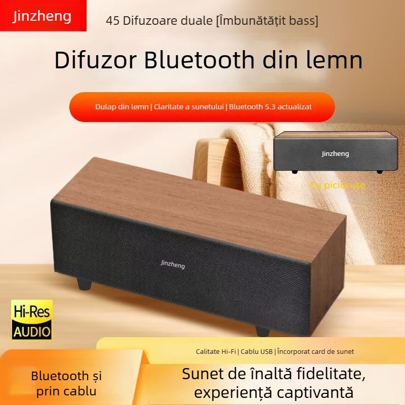 Difuzor Bluetooth pentru calculator, carcasă din lemn — Bluetooth 5.3; putere 5W; răspuns în frecvență 60 Hz–15 kHz; SNR ≥70 dB; rază 10 m