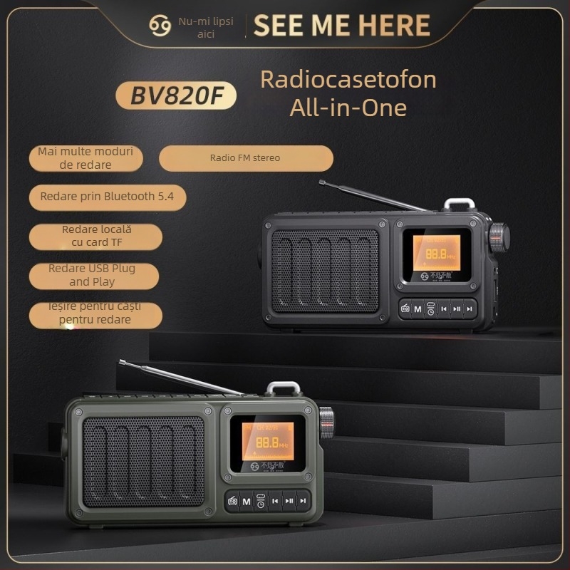 Boxă Bluetooth multifuncțională cu slot pentru card, subwoofer, radio și lanternă, afișaj pentru versuri; 5W, alimentare USB, 5V, baterie înlocuibilă 1200–2000 mAh, 1 difuzor, 100 Hz–20 kHz, SNR ≥70 dB, distanță până la 10 m, carcasă ABS