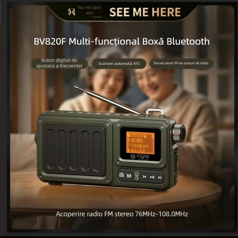 Boxă Bluetooth multifuncțională cu slot pentru card, subwoofer, radio și lanternă, afișaj pentru versuri; 5W, alimentare USB, 5V, baterie înlocuibilă 1200–2000 mAh, 1 difuzor, 100 Hz–20 kHz, SNR ≥70 dB, distanță până la 10 m, carcasă ABS