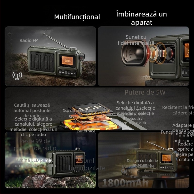 Boxă Bluetooth multifuncțională cu slot pentru card, subwoofer, radio și lanternă, afișaj pentru versuri; 5W, alimentare USB, 5V, baterie înlocuibilă 1200–2000 mAh, 1 difuzor, 100 Hz–20 kHz, SNR ≥70 dB, distanță până la 10 m, carcasă ABS