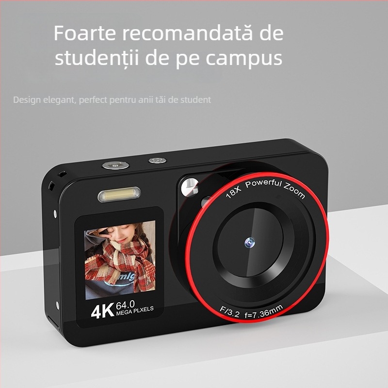 Cameră digitală HD 4K cu ecran dual (față 1,4", spate 2,8"), senzor 8MP, obiectiv 64MP, stabilizare electronică a imaginii