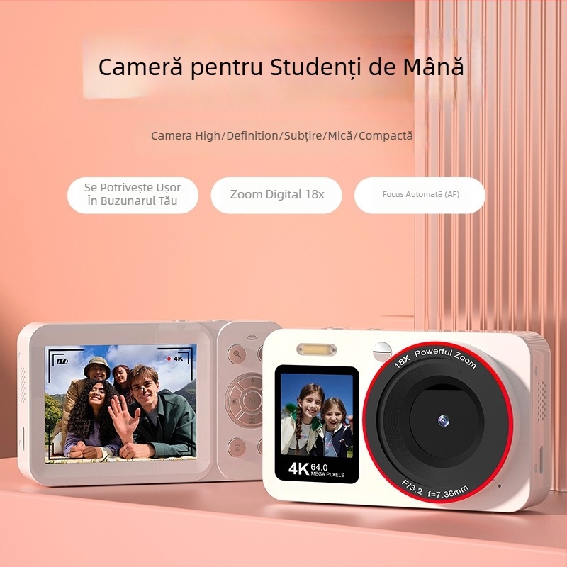Cameră digitală HD 4K cu ecran dual (față 1,4", spate 2,8"), senzor 8MP, obiectiv 64MP, stabilizare electronică a imaginii