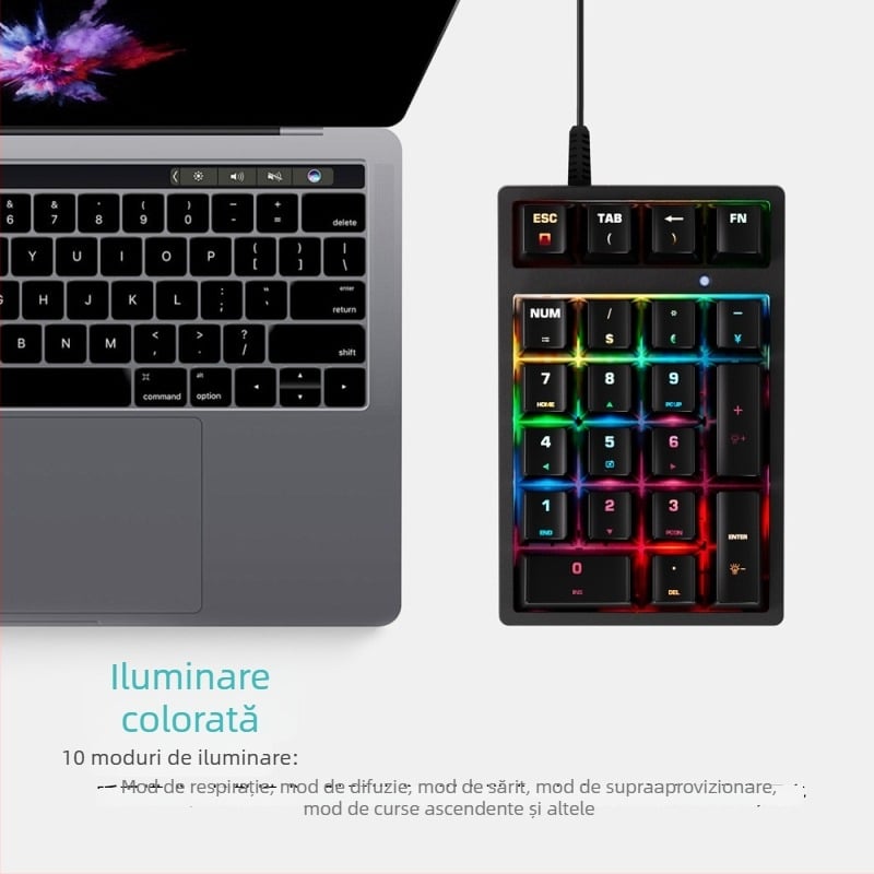 Pad numeric mecanic cu 21 taste, conectare USB, iluminare RGB, construcție rezistentă la apă