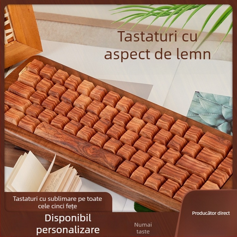 Keycaps PBT pentru tastatură, cu model de lemn de nuc, caractere prin sublimare pe margine, transparente, compatibile cu tastaturi mecanice universale