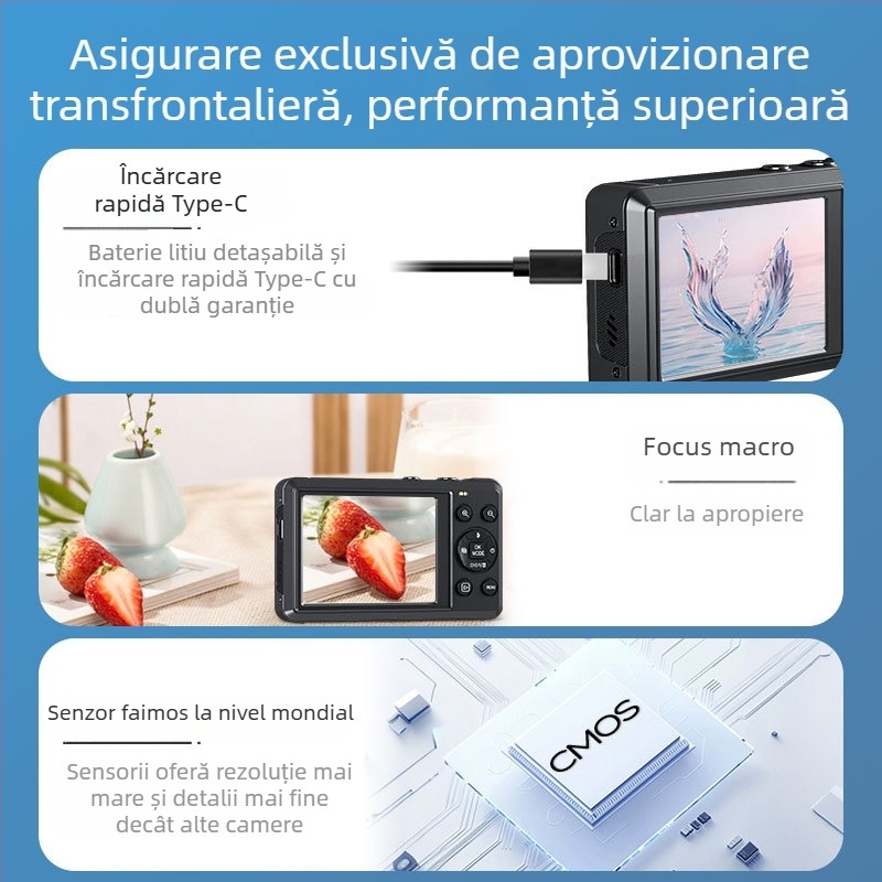 Cameră selfie portabilă cu senzor CMOS 1/4-inch, 16 MP, rezoluție maximă 4608x2560, ecran LCD HD de 2,8-inch, zoom digital 16x