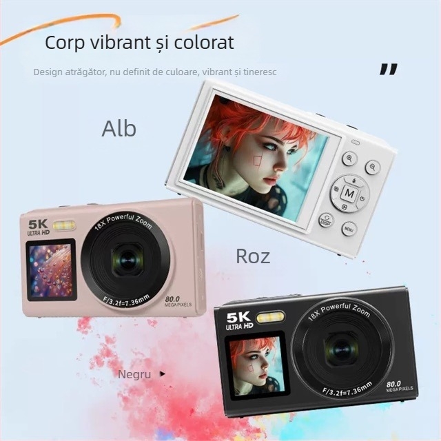 Cameră CCD cu fotografie HD 5K, 80MP, cameră digitală cu ecran dual pentru selfie-uri pe campus și călătorii