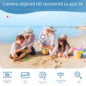 Cameră digitală rezistentă la apă cu ecran dublu, senzor CMOS de 64MP, rezoluție 4K și zoom digital de 16x