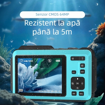 Cameră digitală rezistentă la apă cu ecran dublu, senzor CMOS de 64MP, rezoluție 4K și zoom digital de 16x