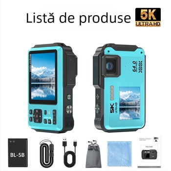 Cameră digitală rezistentă la apă cu ecran dublu, senzor CMOS de 64MP, rezoluție 4K și zoom digital de 16x