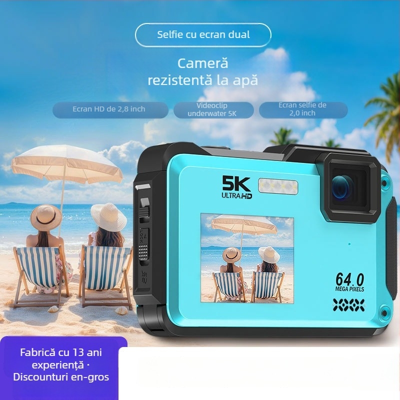 Cameră digitală rezistentă la apă cu ecran dublu, senzor CMOS de 64MP, rezoluție 4K și zoom digital de 16x