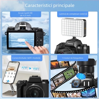 Fotocameră digitală cu senzor CMOS de 64 MP, 1/2.8, ecran tactil de 4,0 inchi, zoom digital 16x, rezoluție maximă 3840x2160, obiectiv periscop