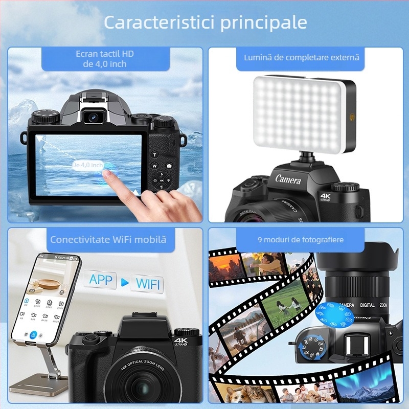 Fotocameră digitală cu senzor CMOS de 64 MP, 1/2.8, ecran tactil de 4,0 inchi, zoom digital 16x, rezoluție maximă 3840x2160, obiectiv periscop