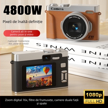 Camera digitală pentru copii, entry-level, cu obiectiv dual și mod selfie, 48 MP CMOS 1/2,3 inch, zoom optic 16x, ecran LCD de 2,4 inch, USB 3.0